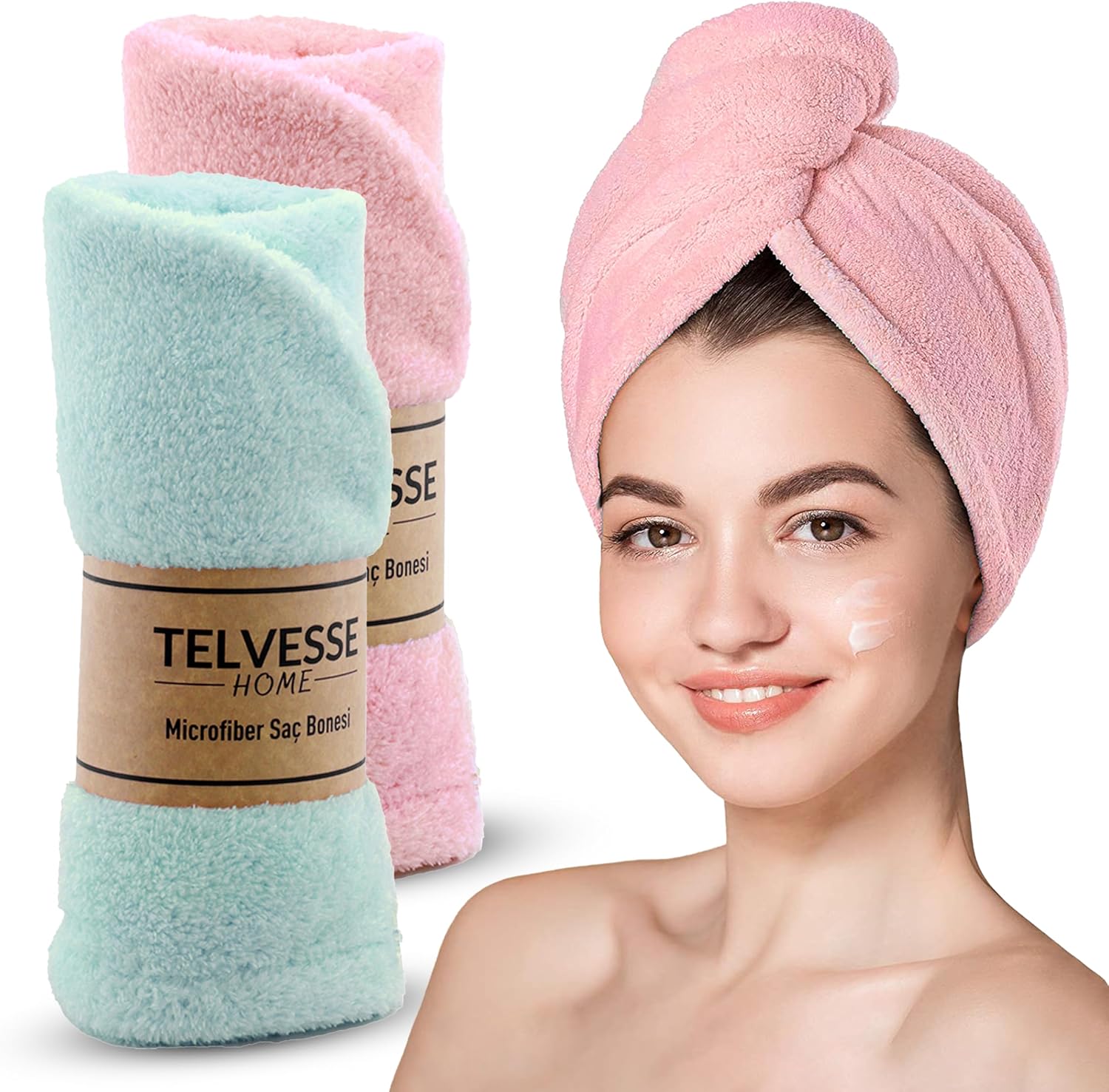 Mikrofiber Saç Havlusu Süper Emici Hızlı Kuruyan Türban Saç Havlusu Şapkası – Uzun Kıvırcık Kalın Saçlar İçin Duş Saç Kurutma Havlusu, Plaj Havuz Banyo Kullanım (2li Pembe + Turkuaz)