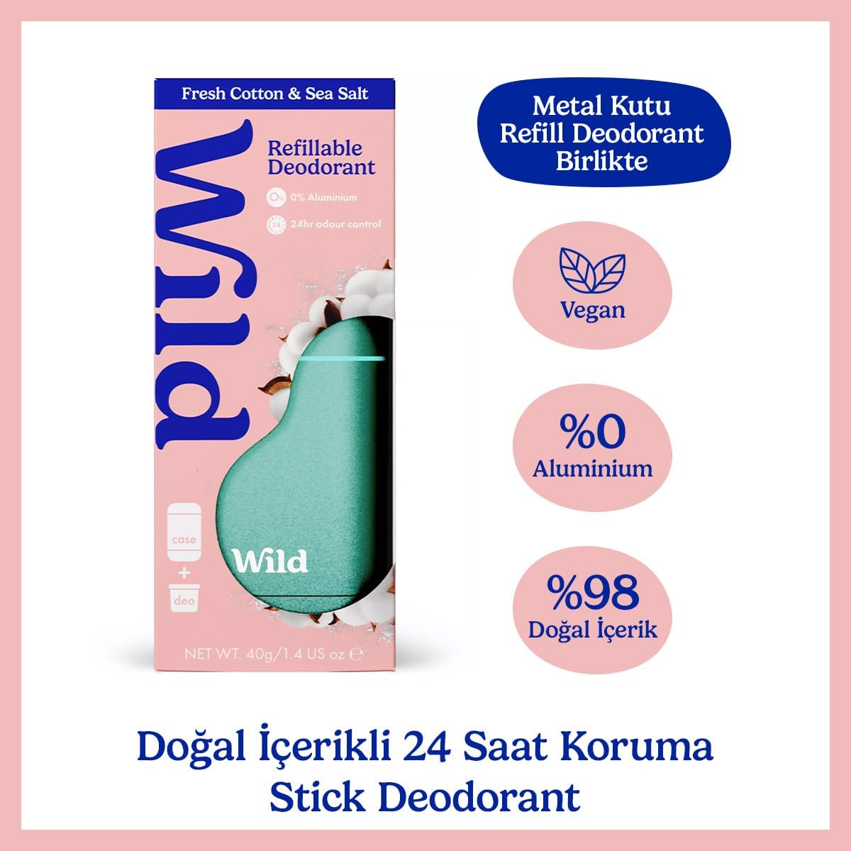 %98 Natural Stick Deodorant Kutu ve Refill Fresh Aqua Case ve Fresh Cotton & Sea Salt 40 g.