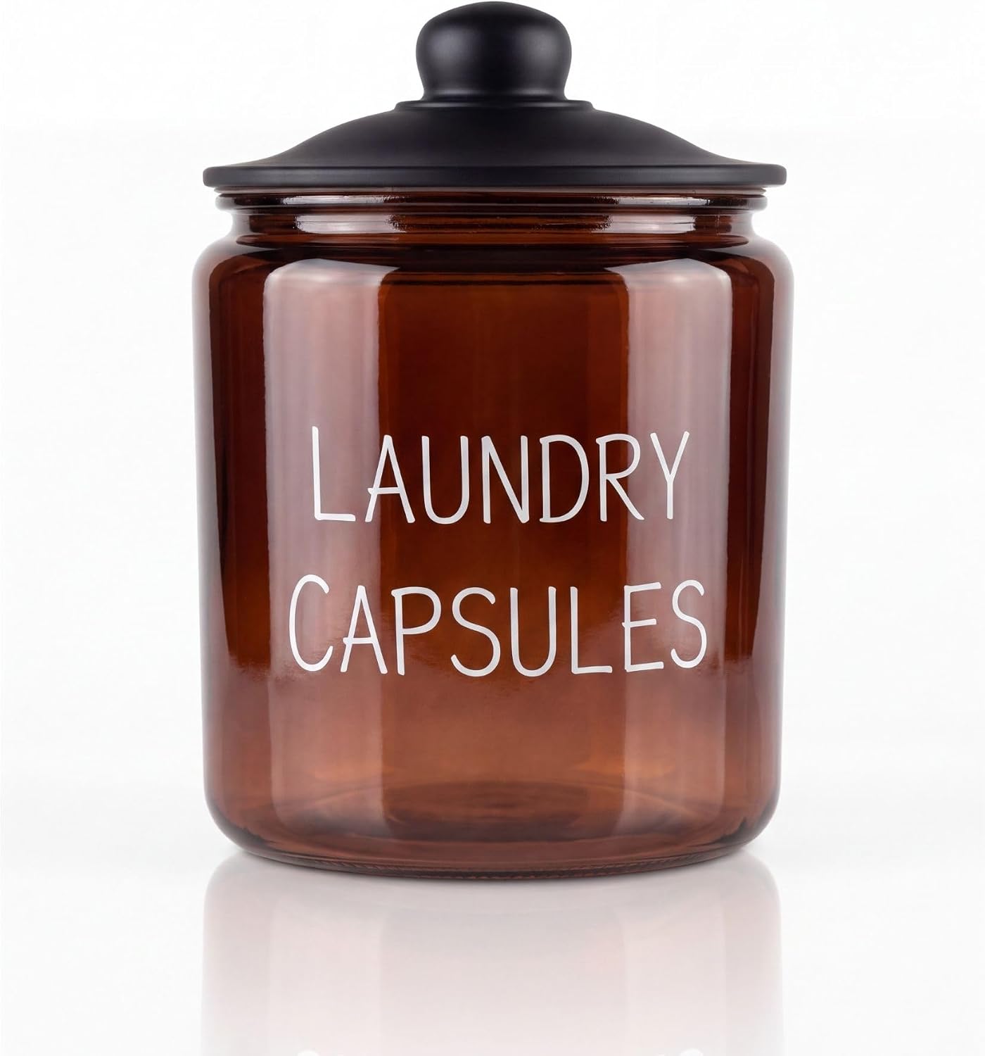Laundry Capsules Yazılı 3900 ml Amber Cam Kapsül Kavanozu, Siyah Kapaklı Çamaşır Odası Organizeri