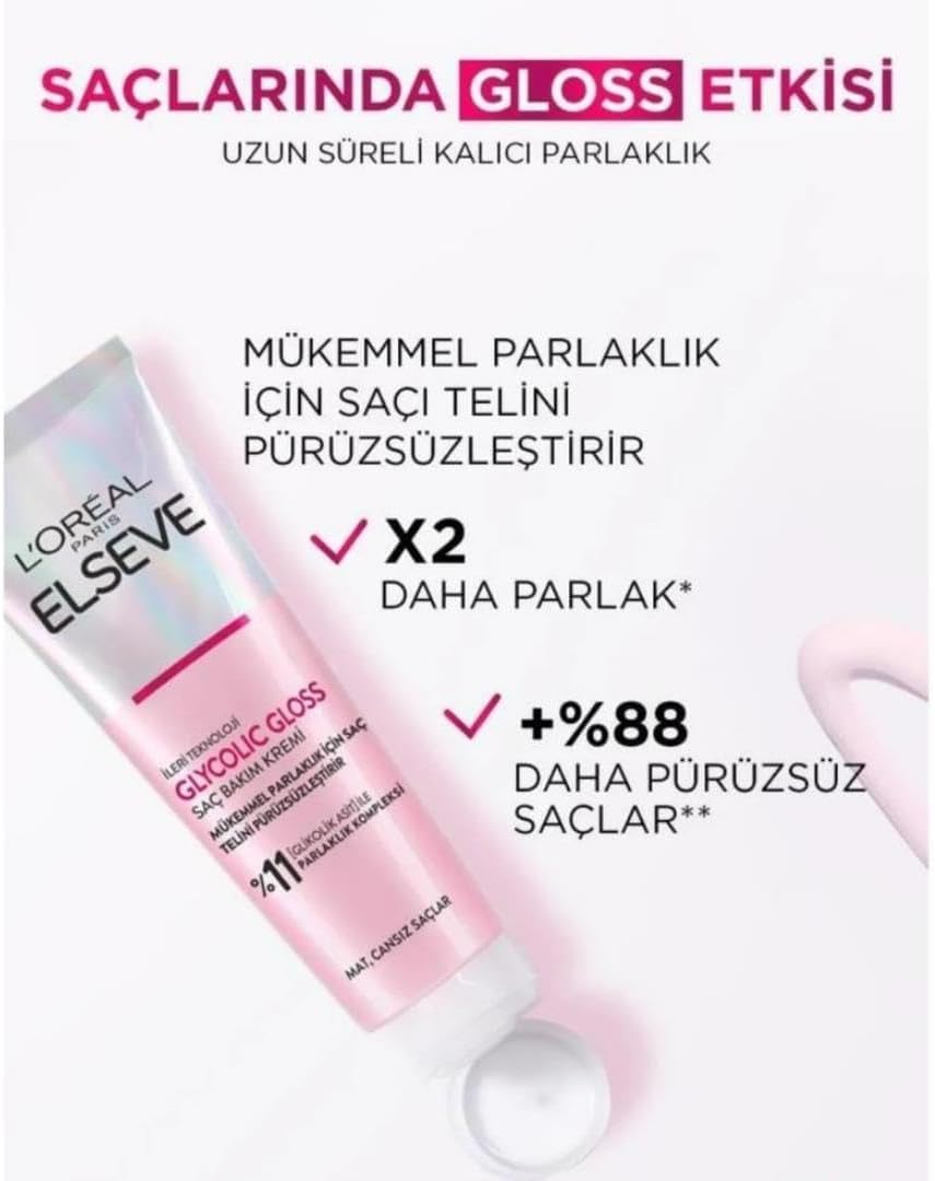 L'Oreal Paris Glycolic Gloss Mükemmel Parlaklık için Pürüzsüzleştirici Saç Kremi 150 ml