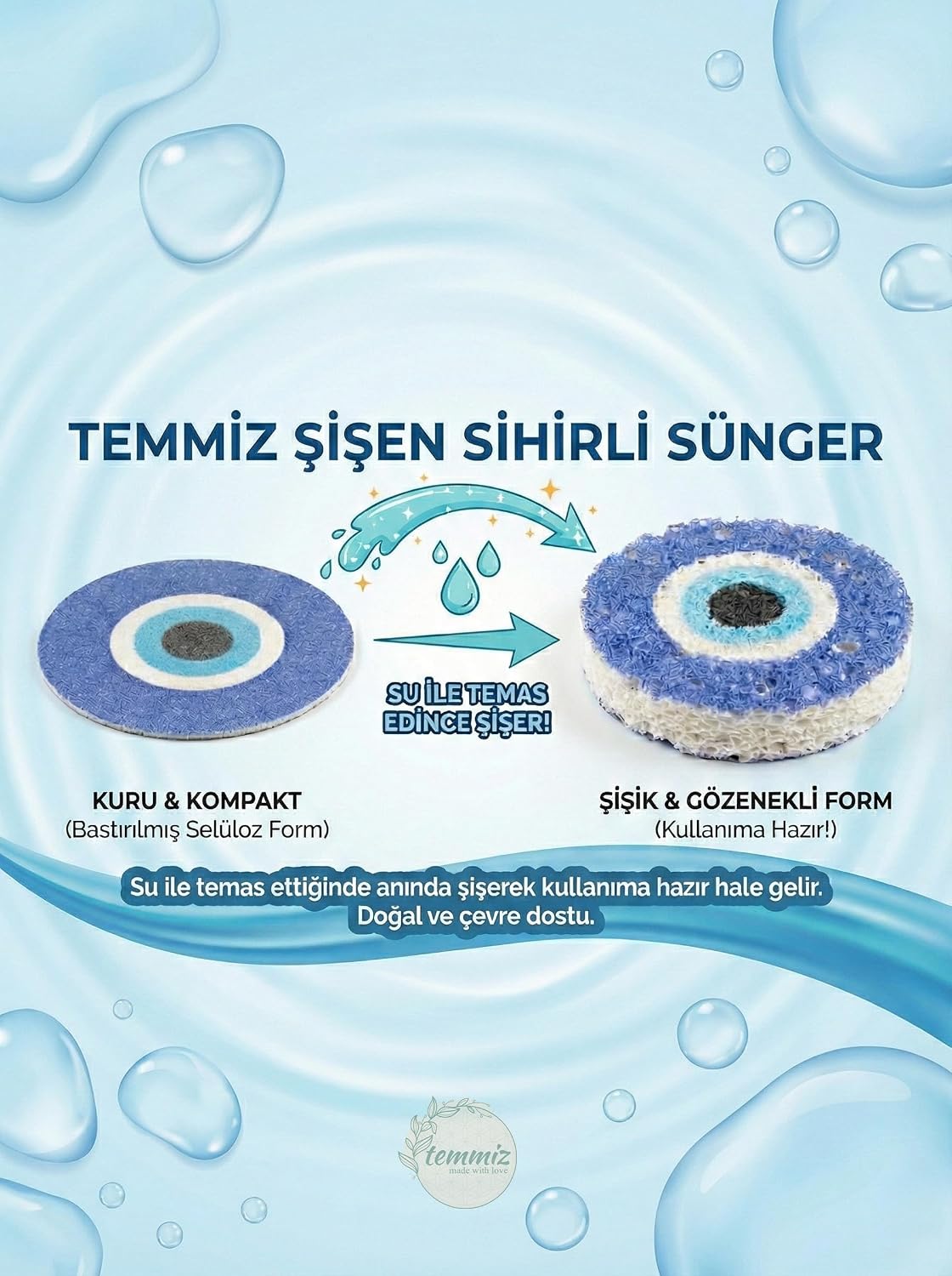 Magic Sponge Şişen Sihirli Sünger Nazar Boncuğu Desenli, Su İle Temas Ettiğinde Sünger Formunu Alır, Defalarca Kullanılabilir Sürdürülebilir