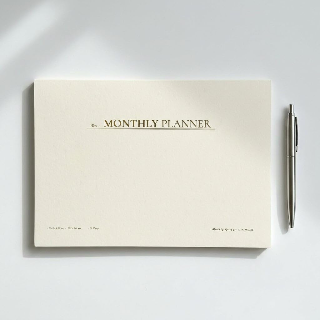 /Paperto. Tarihsiz Aylık Planlayıcı, 29,7 × 21 cm, 32 Sayfa, 110 gr Ivory Kağıt, Krem Kapak, Aylık Plan Defteri (İngilizce)