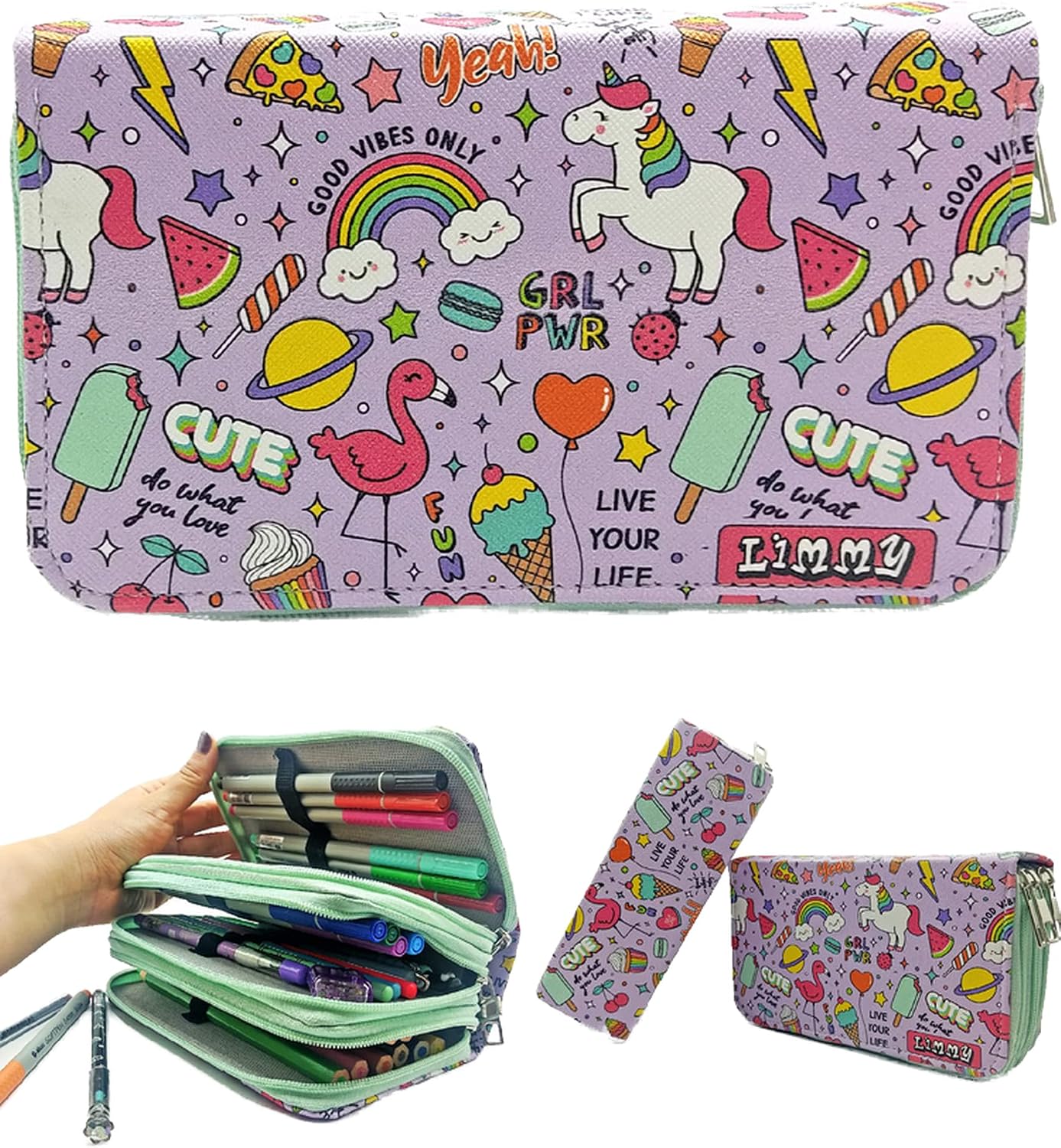 Kalem Kutusu Unicorn-Flamingo Kawai Organizer Kalemkutu Vegan Deri Üç Bölmeli Kalemlik - Yeşil