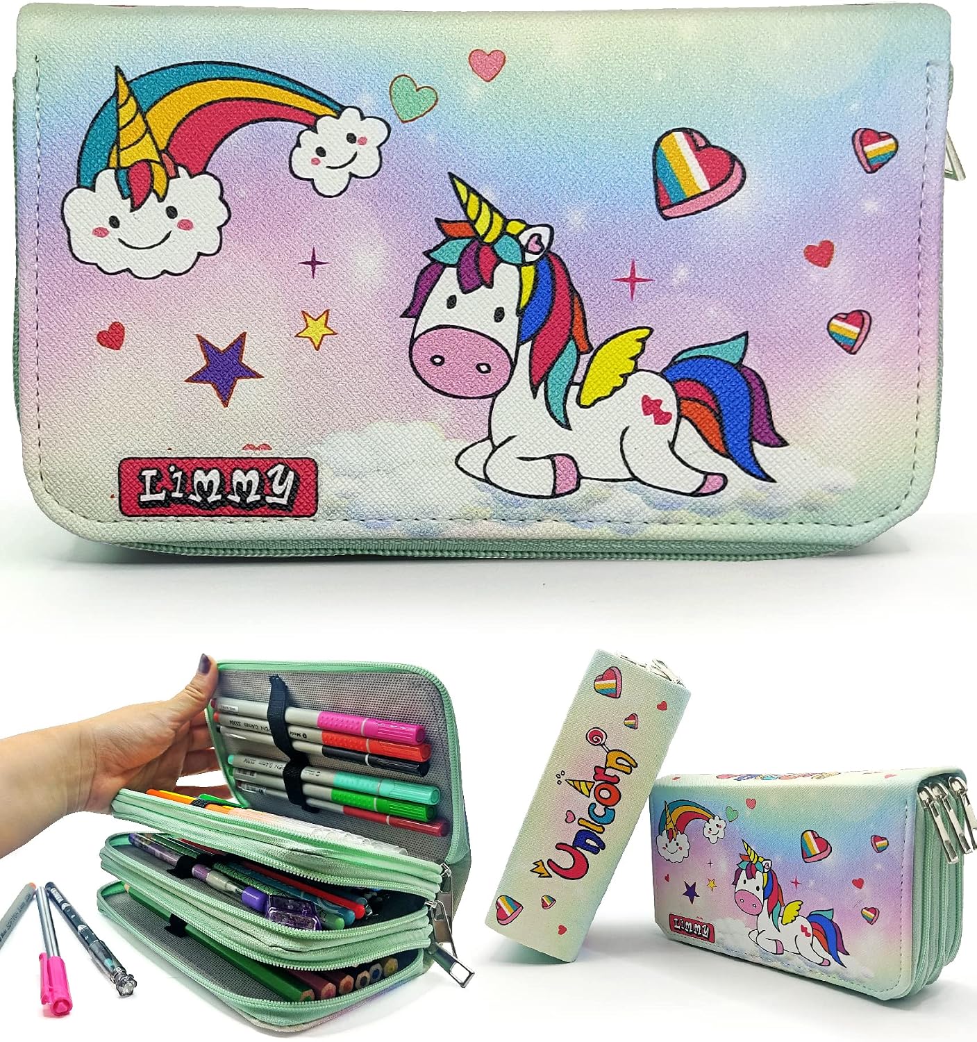 Unicorn Şeker Temalı Kalemkutu Modelist Kalem Kutusu Vegan Deri Üç Bölmeli Kalemlik