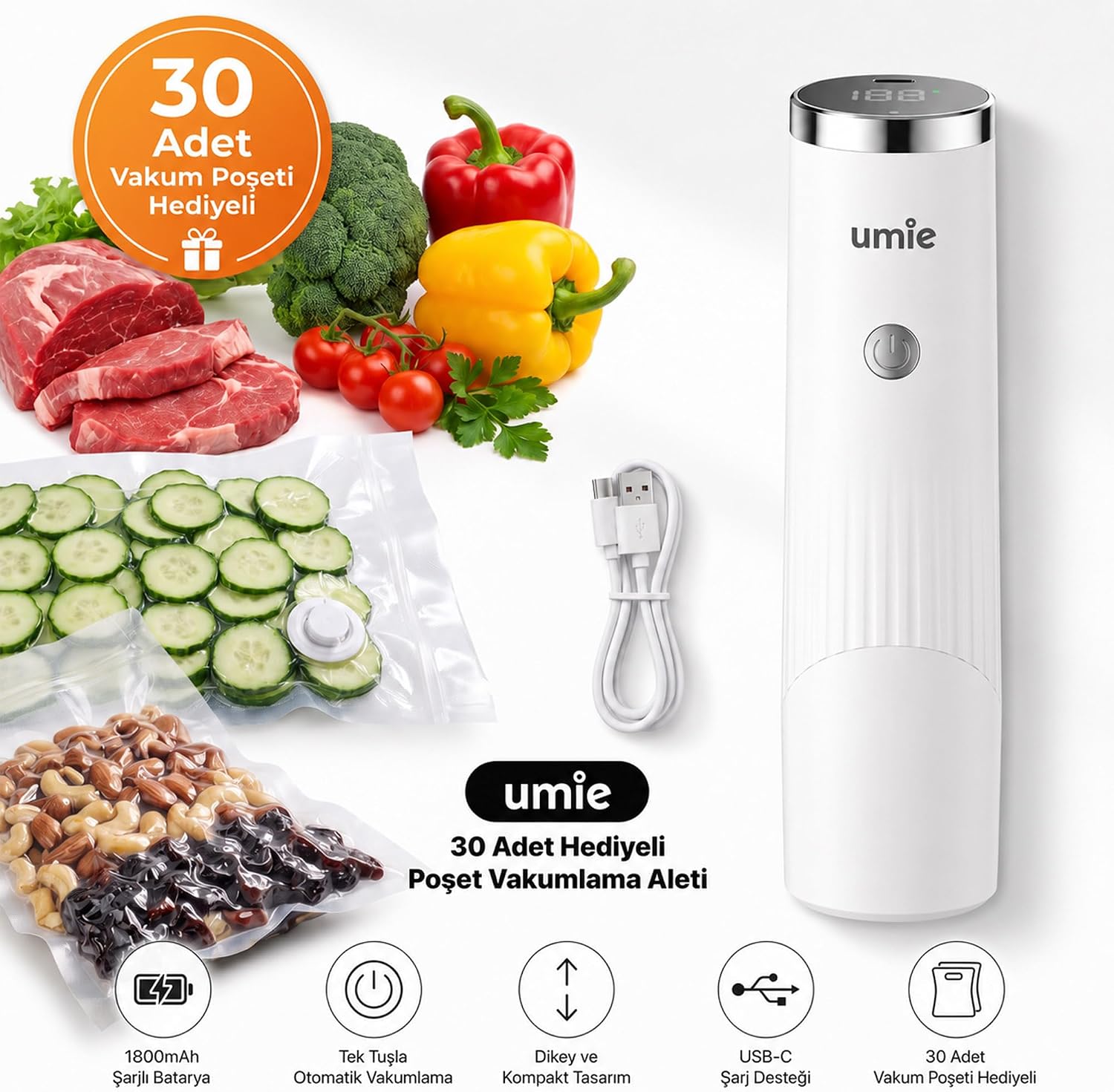 DKM13 1800mAh 30 Adet Poşet Hediyeli Otomatik Dikey Gıda Vakumlama Aleti