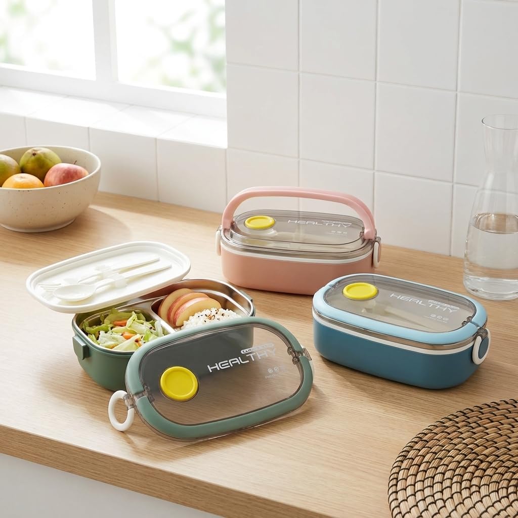 Paslanmaz Çelik Yemek Kabı 750 ml, Çatal Kaşık Dahil, Kilitli Kapaklı Lunch Box, Yemek Taşıma ve Saklama Kabı, 21x12x7,50 cm, Yeşil/Pembe/Mavi