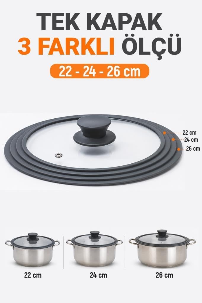 Silikon Kenarlı 3 Ölçü Cam Tencere Kapağı 22-24-26Cm