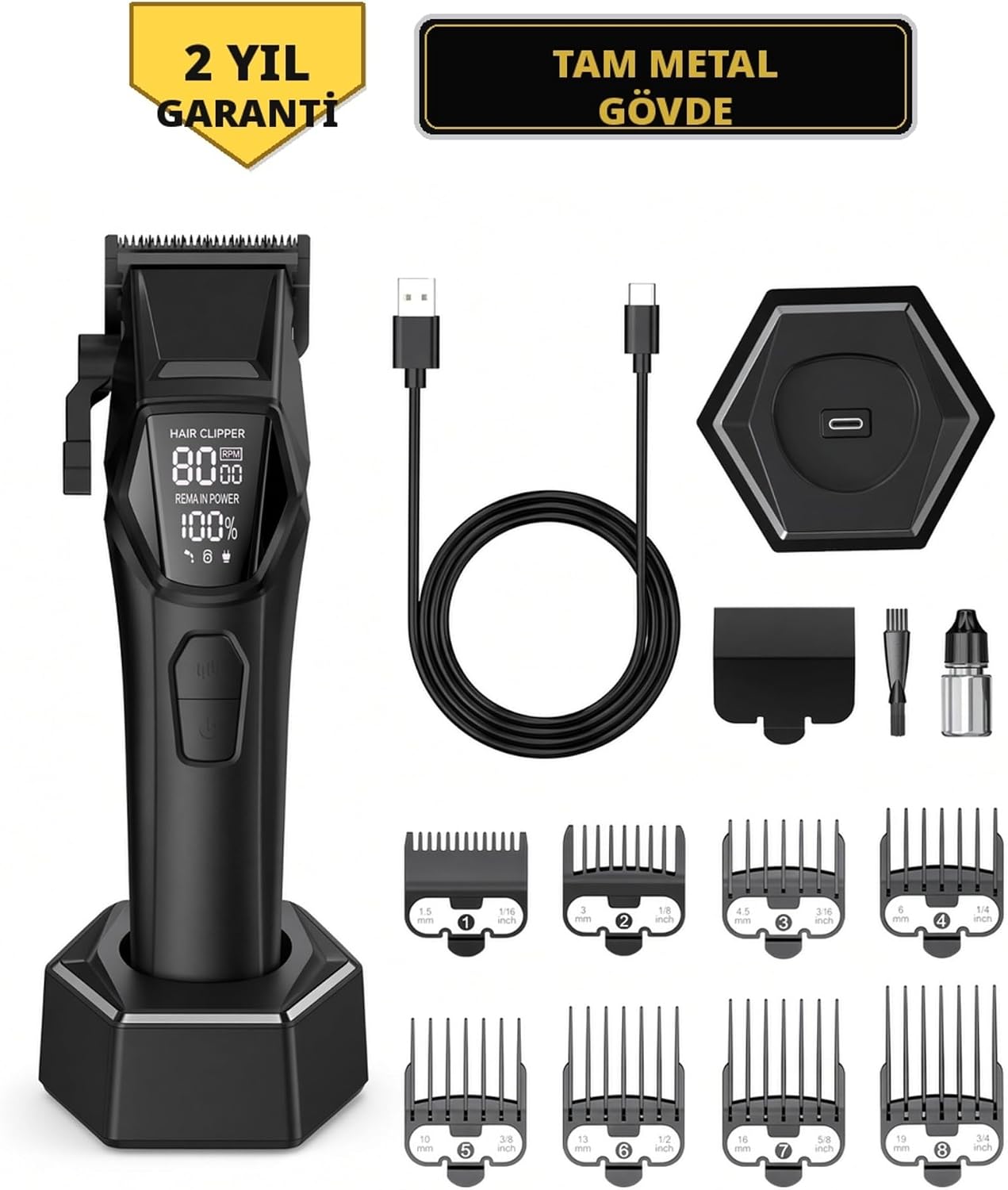 Saç Kesme Makinesi Şarjlı Tıraş Makinesi, Erkek Bakım Seti - 8000 RPM Kablosuz Şarj Tabanı Berber Kuaför Tipi, 8 Kılavuz Taraklı, LCD Ekran, Type-C (garanti)