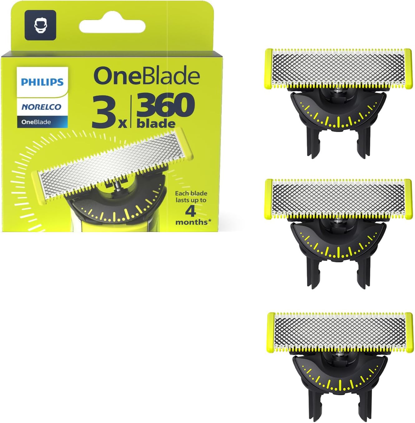Philips OneBlade 360 Bıçaklar, OneBlade Elektrikli Tıraş Makinesi ve Düzeltici için Orijinal Yedek Bıçaklar, Dayanıklı Paslanmaz Çelik, Döşeme, Kenar ve Tıraş, 3'lü Paket, Model QP430/80