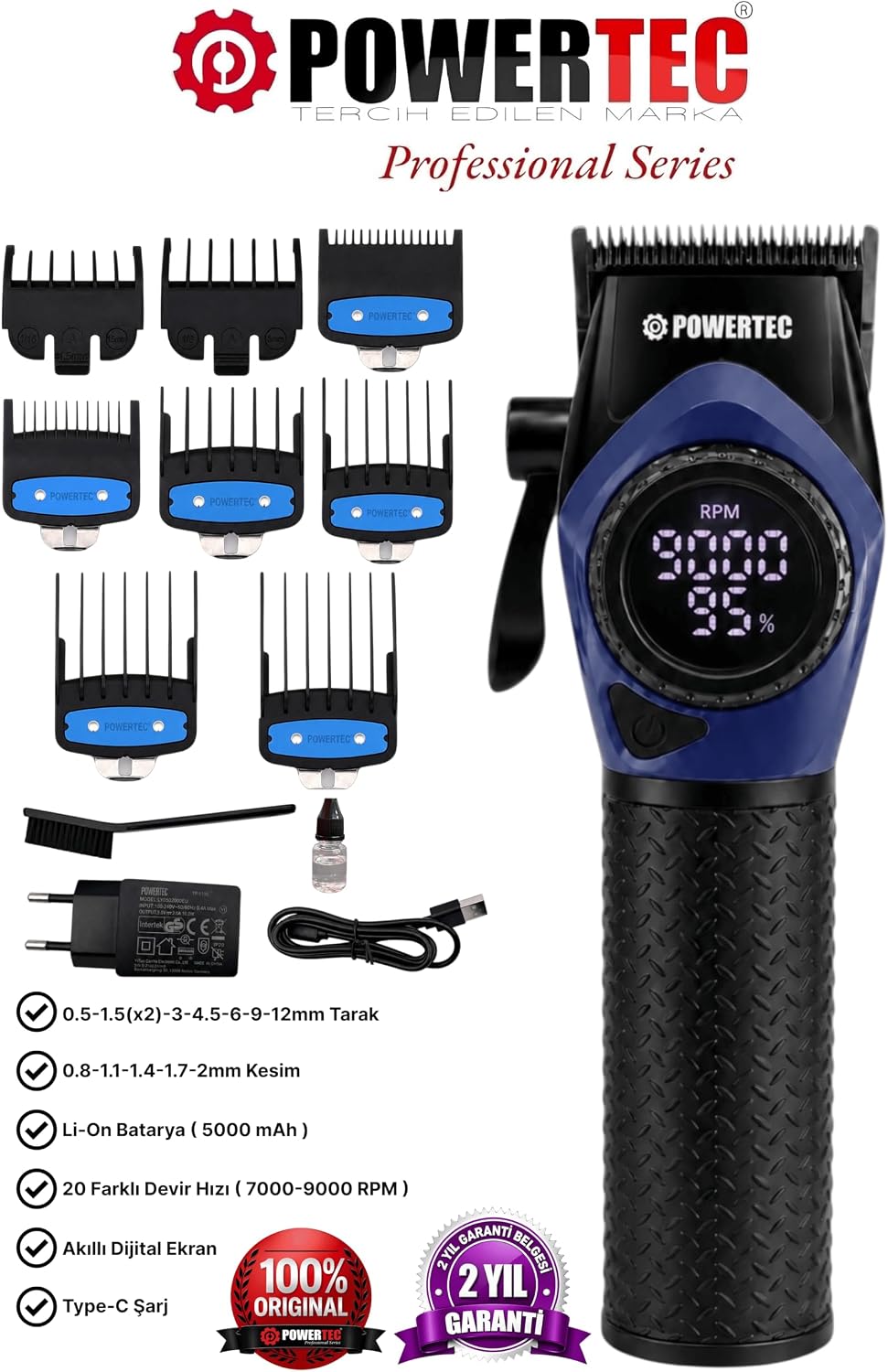 TR-5100 Profesyonel Saç Tıraş Makinesi | 9000 RPM Dijital Ekran | Şarjlı Berber Tipi Clipper Mor