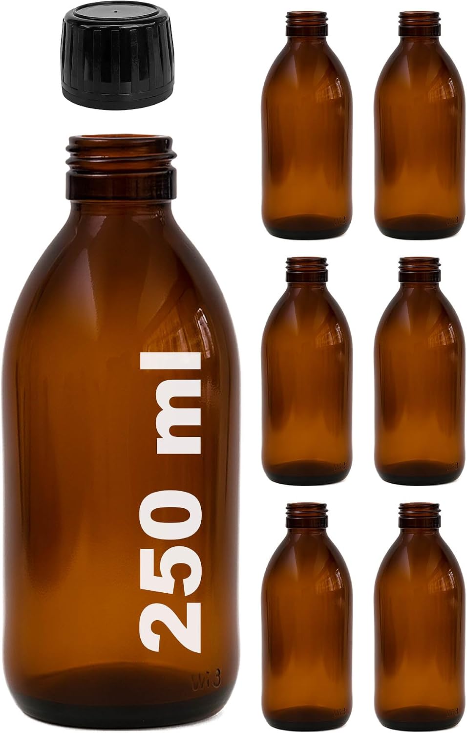 Amber Ecza Şişesi, 250 ml, Kahverengi Cam, Plastik Contalı Kilit Kapak, Hava ve Sıvı Sızdırmaz, 28mm Ağız Çaplı, Parfüm Demlemek İçin Uygun, 6 Adet (250, Siyah Kapak)