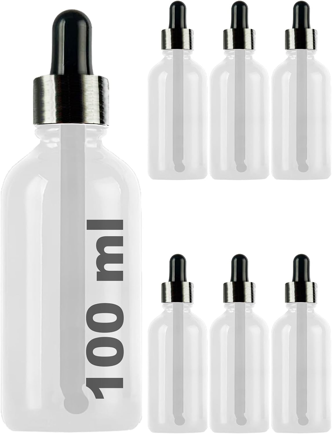 100 ml Metal Kapaklı Damlalık Dropper Şişesi Serum 100 cc Cam Şişe 6 Adet (Siyah Kapak, Şeffaf)