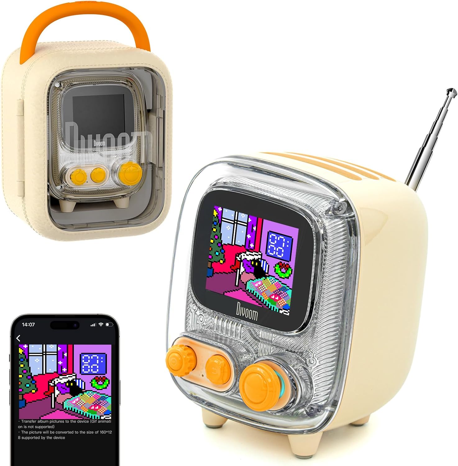 Tiivoo-2 FM Radyo Bluetooth Hoparlör Çalar Saatli, Pixel Art Retro Mini Küçük Sevimli Kablosuz Hoparlör, Vintage Dekor Parti Ofis Ev Masası Yatak Odası Mutfak Dış Mekan için Uygun, Krem