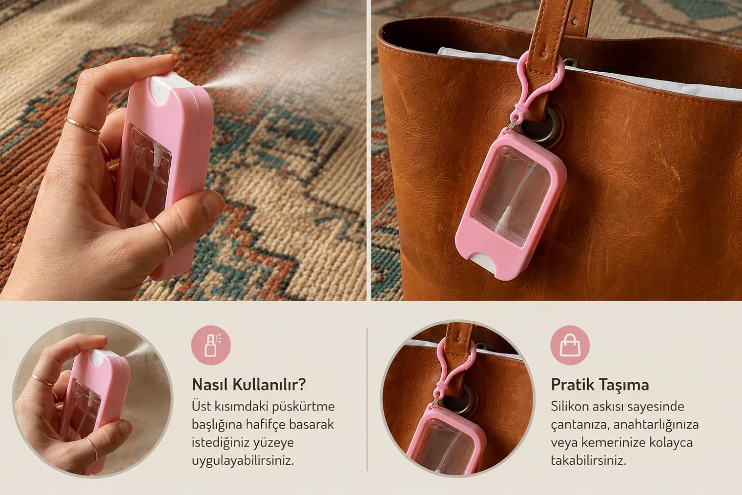 Silikon Kılıflı Sprey Şişesi 45 ml – Taşınabilir Anahtarlıklı Parfüm, Kolonya, Dezenfektan ve Oda Kokusu Dolum Şişesi (1, Soft Pembe)