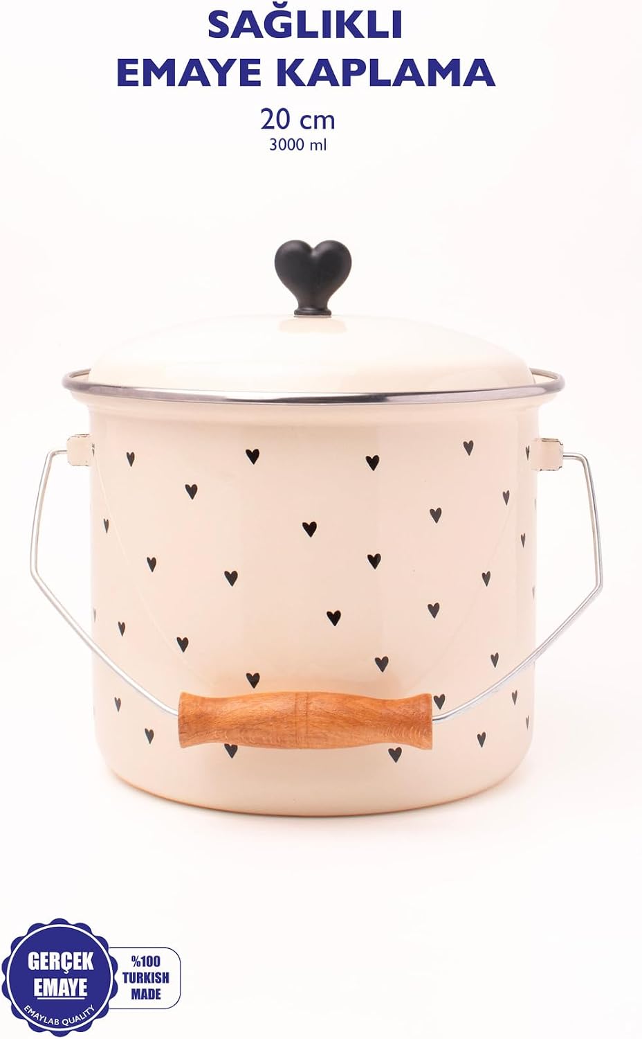 Black Cupid Kalp Desenli Emaye Yoğurt/Bakliyat Bakracı (20 Cm-3 Litre-Tüm Ocaklarla Uyumlu)