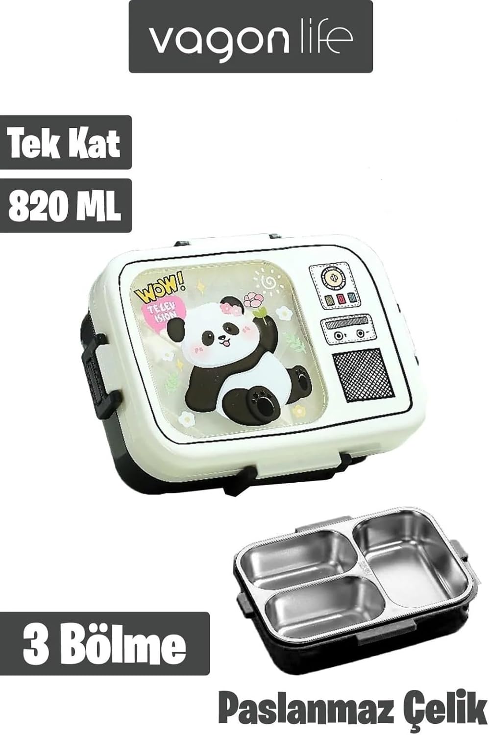 Paslanmaz Çelik Desenli Beslenme Kutusu - 820 ml Renkli ve Eğlenceli Çocuk Beslenme Kabı (Beyaz)