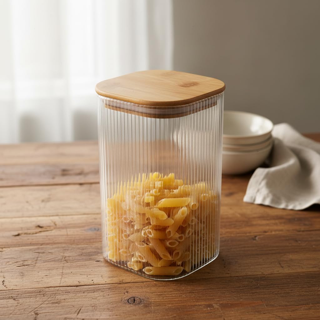 10x20 cm Bambu Kapaklı Kare Cam Saklama Kavanozu - Vakumlu Ekstra Uzun Boy Şeffaf Erzak Kabı Spagetti Makarna Bakliyat Kutusu ve Mutfak Düzenleyici Organizatör
