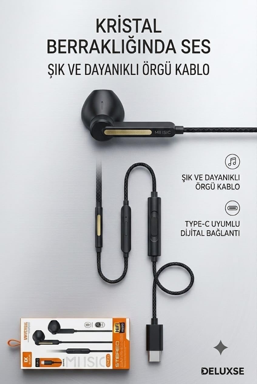 C22 TYPE C KABLOLU MİKROFONLU KULKALIK (Siyah, Kulak içi)
