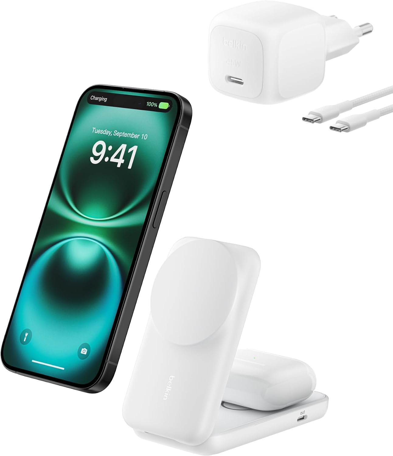 UltraCharge MagSafe Uyumlu 2’si 1 Arada Qi2 25W Kablosuz Şarj İstasyonu, iPhone 16, AirPods, Pixelsnap, Dönüştürülebilir Masaüstü Standı, USB-C Portlu, 45W Adaptör, Beyaz