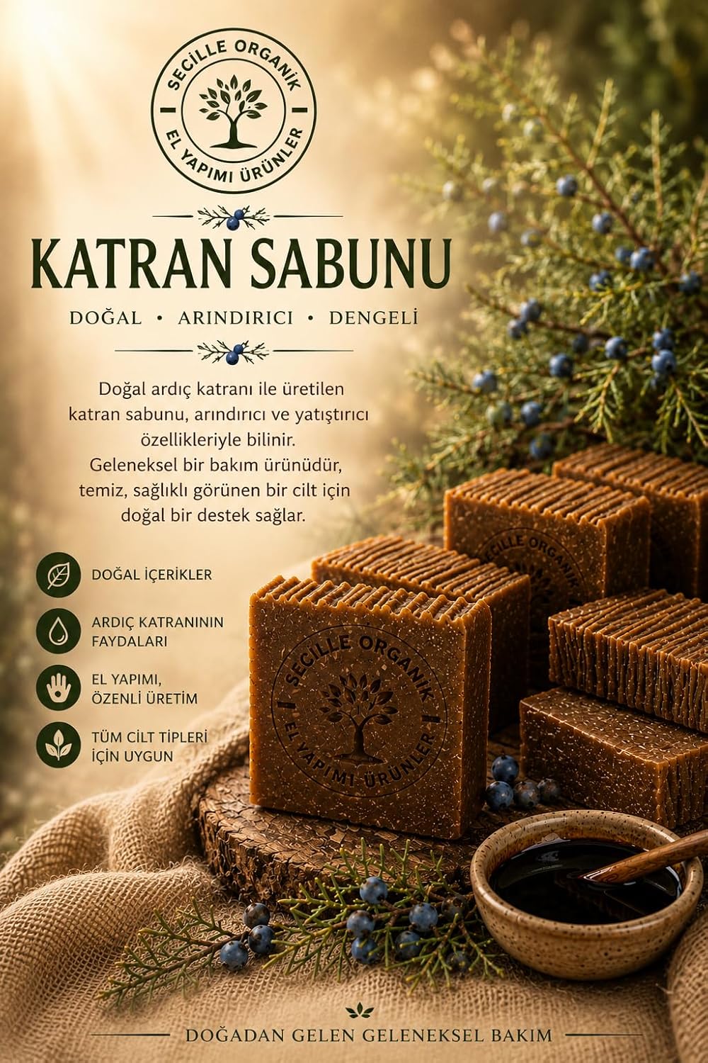 Secille Organic Soğuk Döküm Ardıç Katranı Sabunu 120g-El Yapımı Doğal Sabun-Secille Organic Juniper Tar Soap 120g Cold Process Handmade Natural Soap