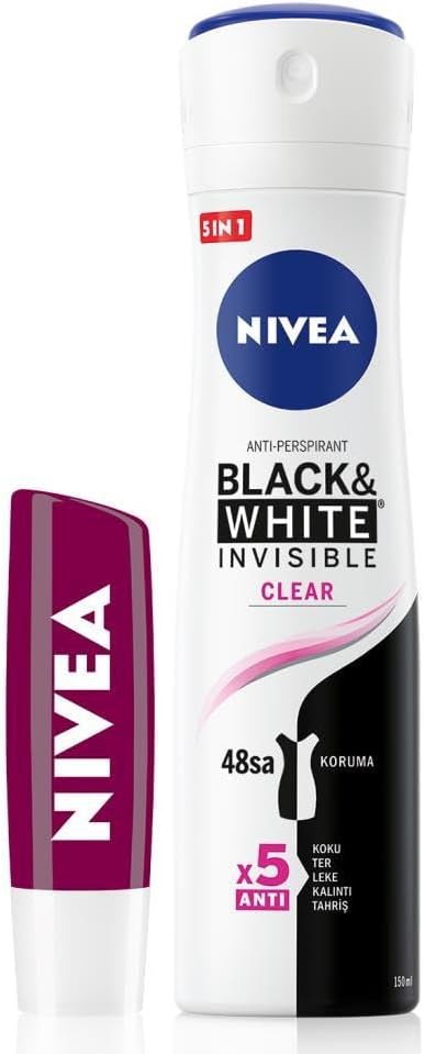 Kadın Sprey Deodorant Black&White Clear, 48 Saat Koruma ve Nemlendirici Böğürtlen Dudak Bakım Kremi