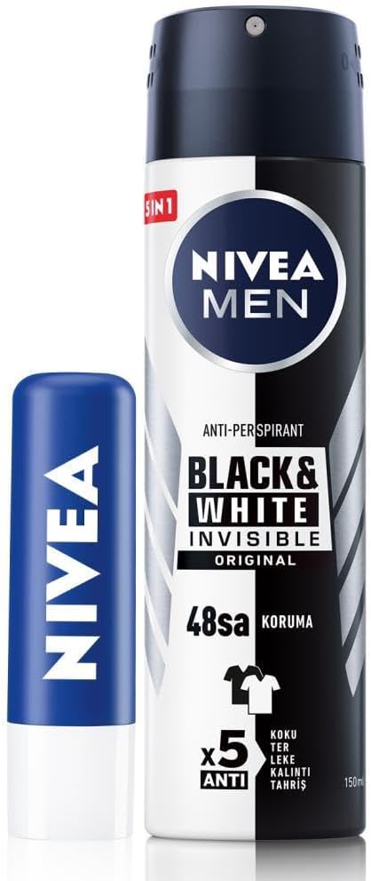 MEN Erkek Sprey Deodorant Black&White Invisible Original 150ml ve Original Care Renksiz Dudak Kremi