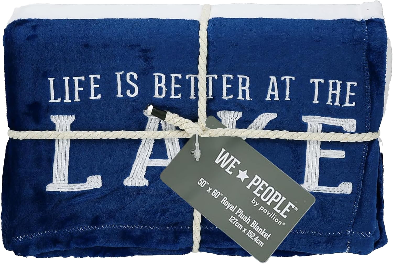 Life is Better at The Lake-Mavi & Beyaz Süper Yumuşak 127 x 152 cm Çizgili Örtü İşlemeli Metin 127 x 152 cm Kraliyet Pelüş Battaniye, Mavi