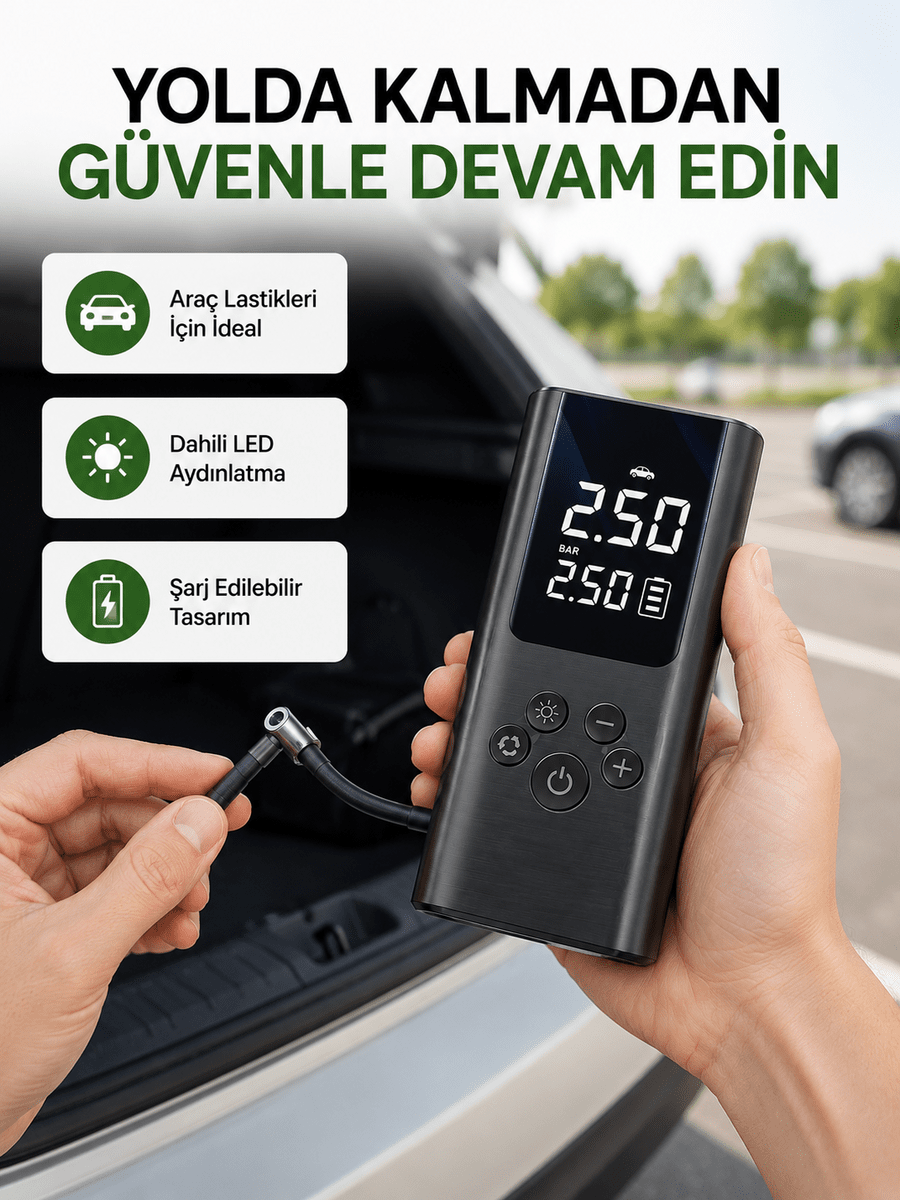 USB Şarjlı Taşınabilir Hava Kompresörü Dijital Ekranlı