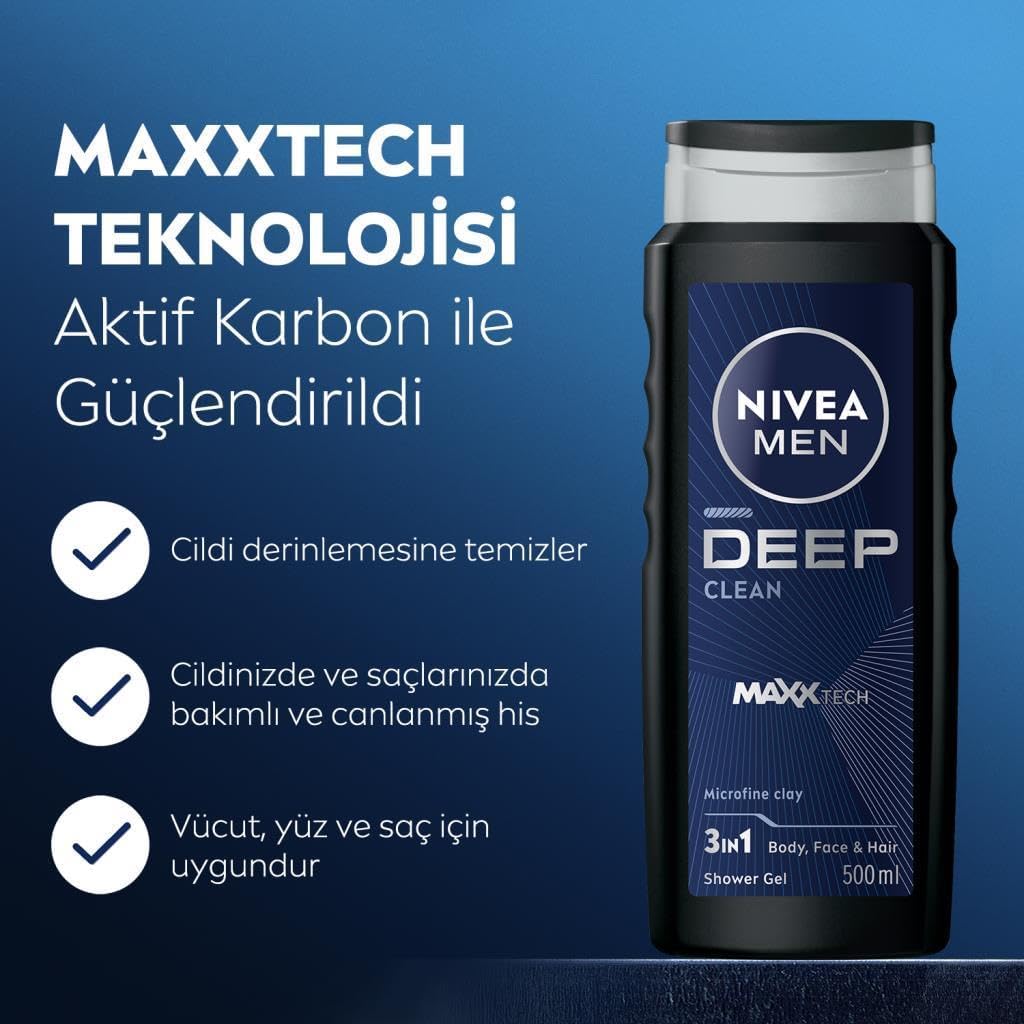 MEN Erkek Deep Dimension Duş Jeli 500ml ve Roll-on Deodorant Derma Control Clinical 50ml,Ter Koruma
