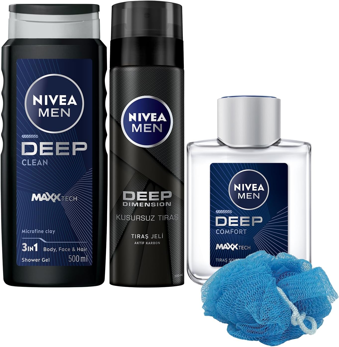 MEN Erkek Deep Dimension Duş Jeli 500ml, Tıraş Jeli 200ml ve Tıraş Sonrası Losyon 100ml, Lif Hediye