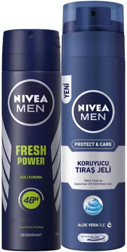 Men Erkek Sprey Deodorant Fresh Power 150ml ve Men Protect&Care Tıraş Jeli 200ml, Kuru Ciltler İçin, Pürüzsüz Tıraş