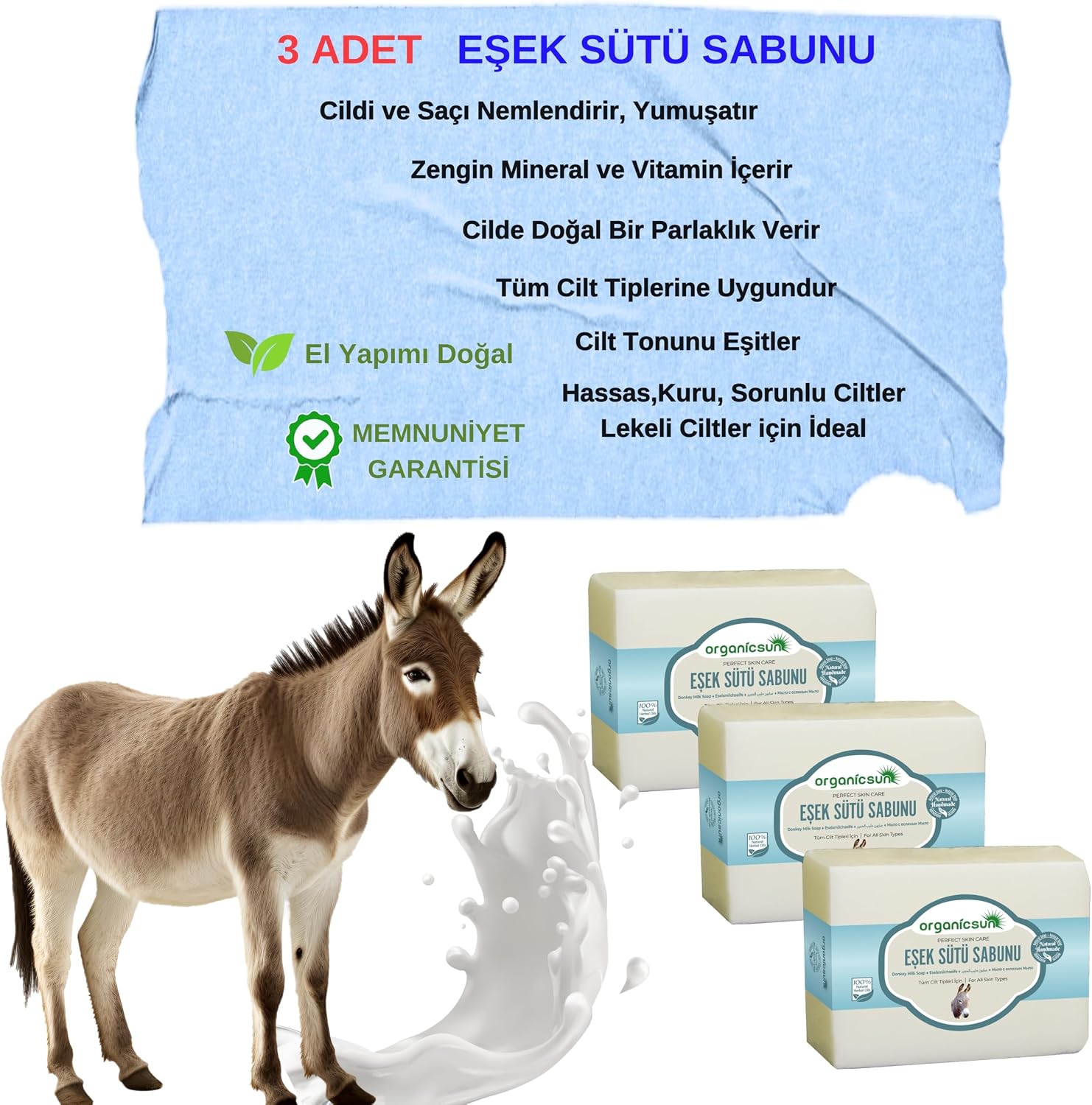 Organicsun Doğal Eşek Sütü Sabunu 140 Gr x 3 Adet Tüm Cilt Tipleri İçin Anti Aging Etkili B ve E Vitaminli