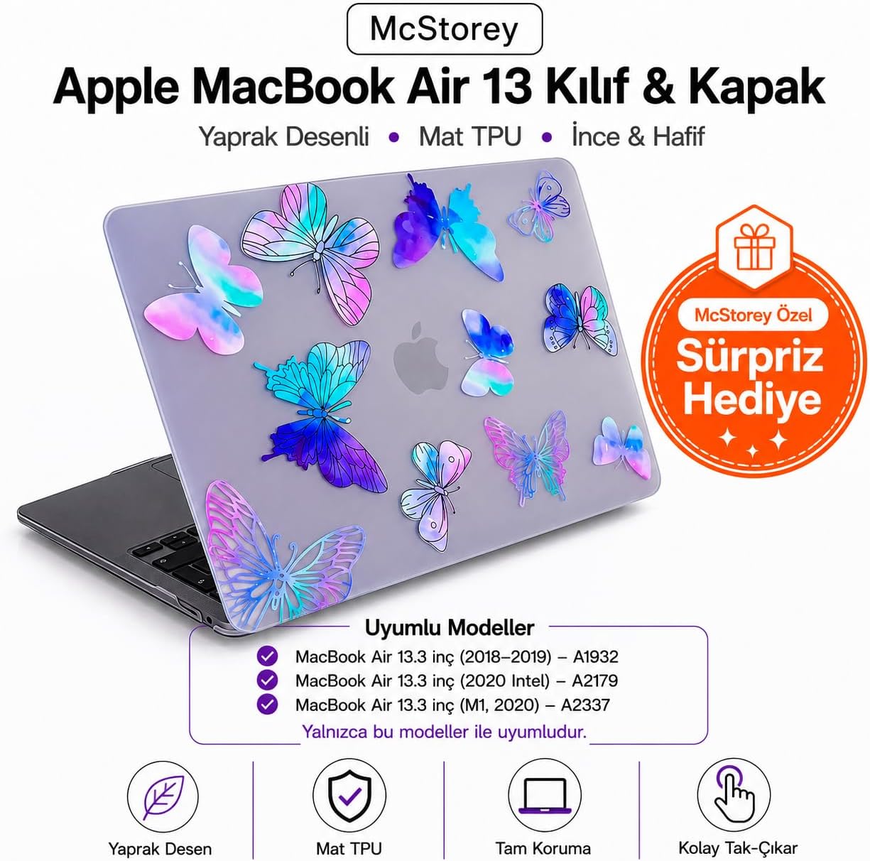 MacBook Air M1 Kılıfı 13 İnç A2337 A2179 A1932 Uyumlu Sert Kapak Hard Case Koruyucu Kılıf MacBook Air 13 İnç Kılıfı Çizilmez Darbe Koruyucu Mat Baskılı Çiçek Desenli Mor