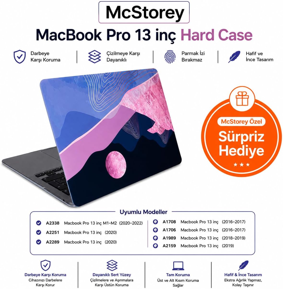 MacBook Pro 13 Dalga Desenli Kılıf A1706 A1708 A1989 A2159 A2251 A2289 A2338 M1 M2 Uyumlu Baskılı Kristal Sert Kılıf Koruyucu Kapak Pembe