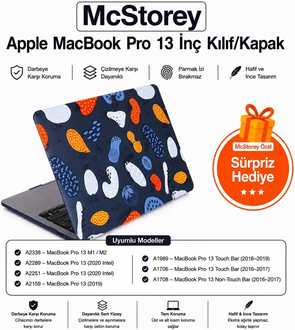MacBook Pro 13 Baskılı Kristal Kılıf A1706 A1708 A1989 A2159 A2251 A2289 A2338 M1 M2 Uyumlu İnce Hafif Koruyucu Sert Kapak Siyah