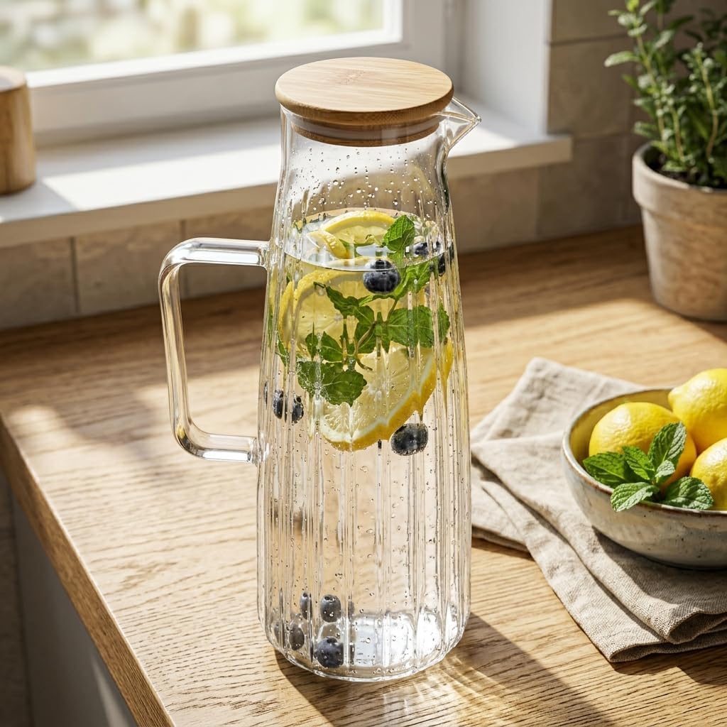 Bambu Kapaklı Borosilikat Cam Yağdanlık ve Sürahi, Çok Amaçlı İçecek ve Sıvı Gıda Saklama 1000ml (11x26cm)