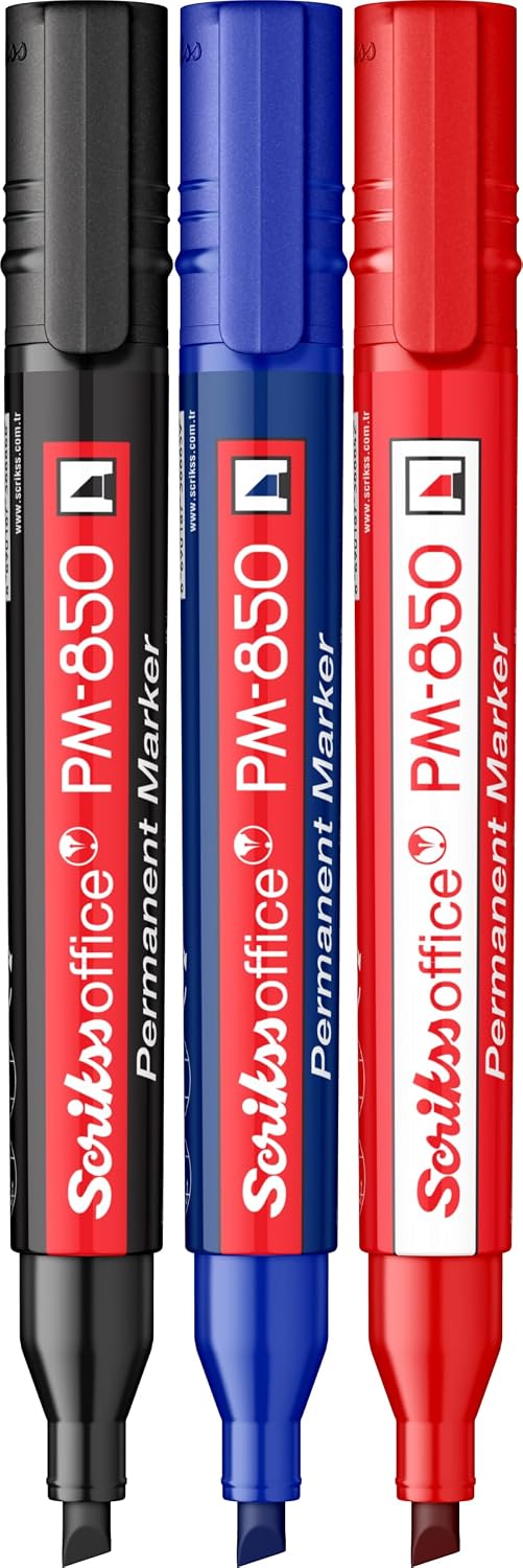Office PM 850 Permanent Kalıcı Kesik Uçlu Markör 3'Lü Blister Siyah, Mavi, Kırmızı