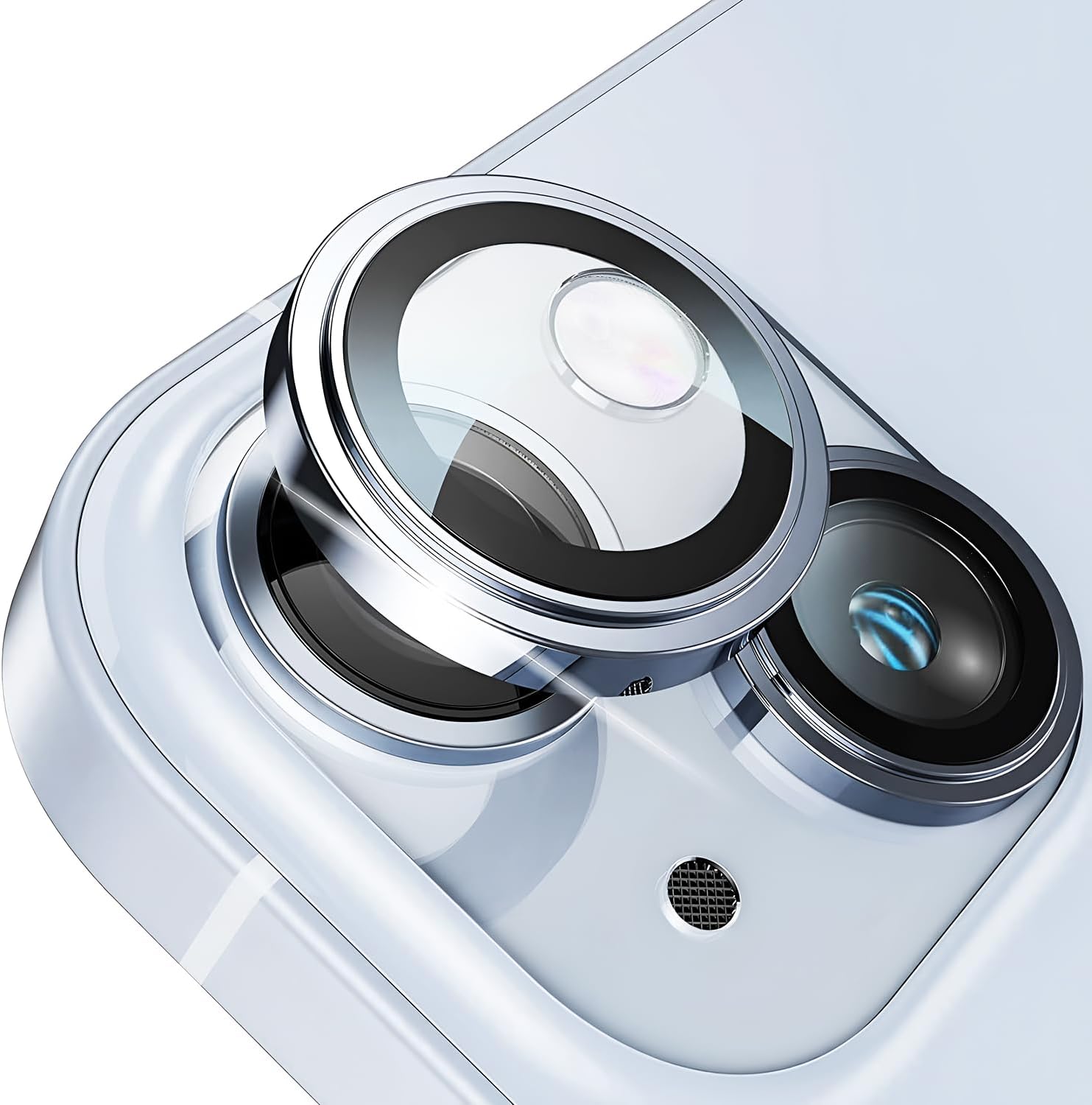 iPhone 15-15 Plus ile Uyumlu Safir Kamera Lens Koruyucu Kolay Kurulum Kitli Çizilmez Safir Cam ve Titanyum Alaşım Çerçeve (Mavi, Safir Cam)