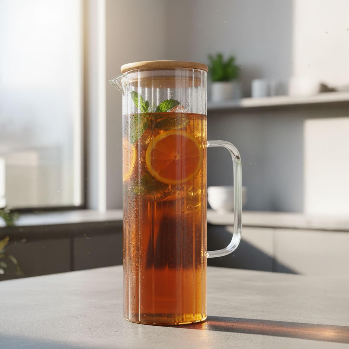1000ml Bambu Kapaklı Line Borosilikat Cam Yağlık & Sürahi – Şık, Dayanıklı ve Sağlıklı Saklama Çözümü (8cm x 20cm)