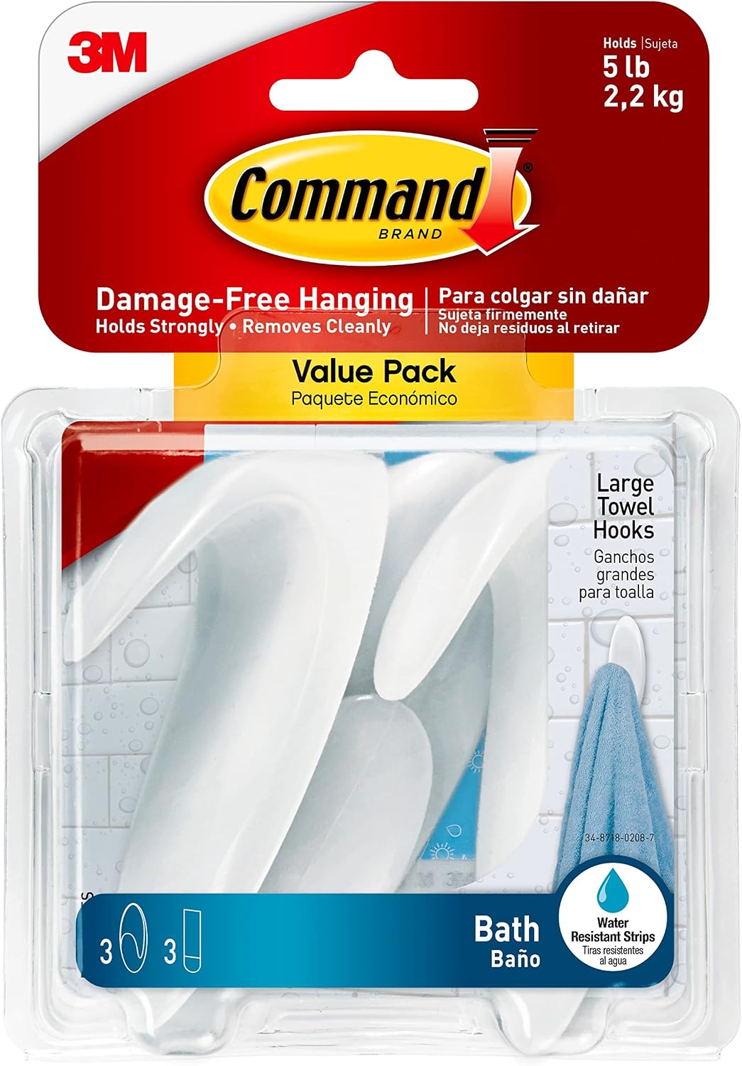 Komut BATH17 3ES b y k el havlusu kanca, Value Pack, 3-kanca, 3-Large izgili su ge irmez, BATH17-3ES