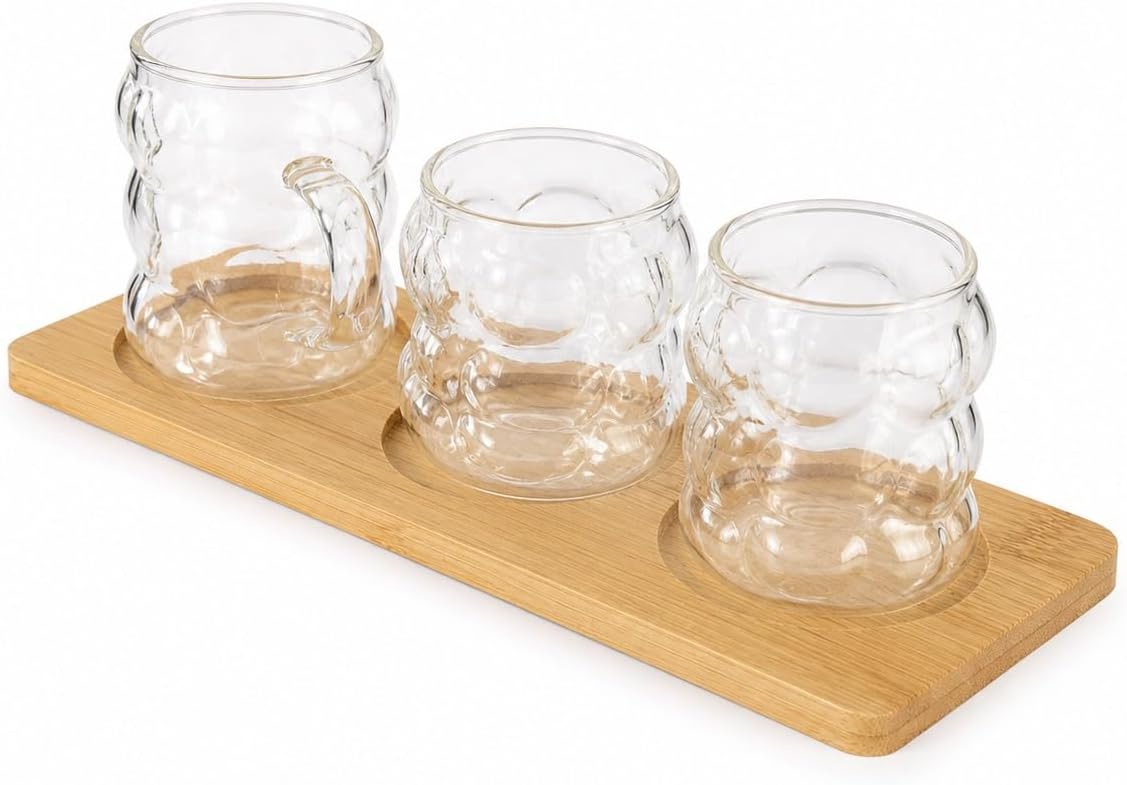 3’lü Cam Kahve Bardağı Seti Bambu Standlı, Modern Tasarım Kulplu Şeffaf Cam Bardak, Türk Kahvesi Espresso Sunumluk İkramlık Seti, Dekoratif Servis Tepsili Kahve Sunum Seti