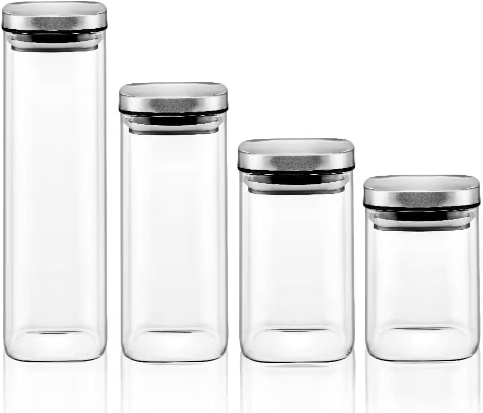 2'li Vakum Kapaklı Borosilikat Cam Saklama Kabı Seti – Mini Boy, Hava Geçirmez, Gıda Saklama İçin İdeal-Baharat,Kahve,Şeker-Mini Baharatlık (Metal Kare, 360 ML)