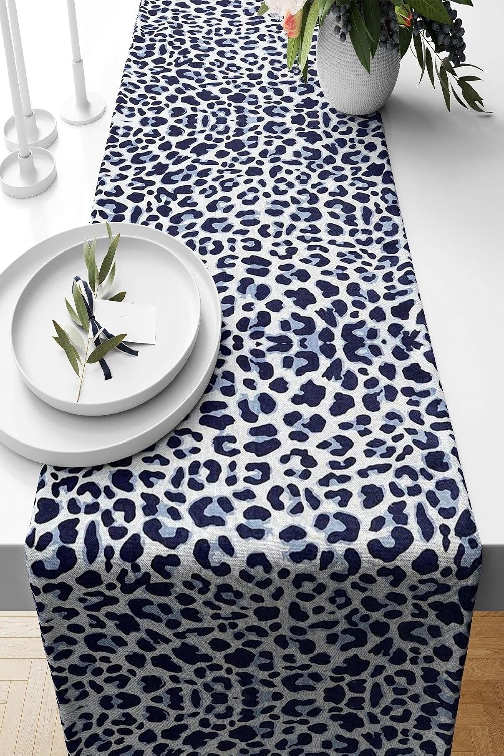 Pelangi Leopar Desen Leke Tutmaz Kumaş Salon Mutfak Masa Değişik Ranır Modelleri Runner, Siyah-Mavi 40 x 140