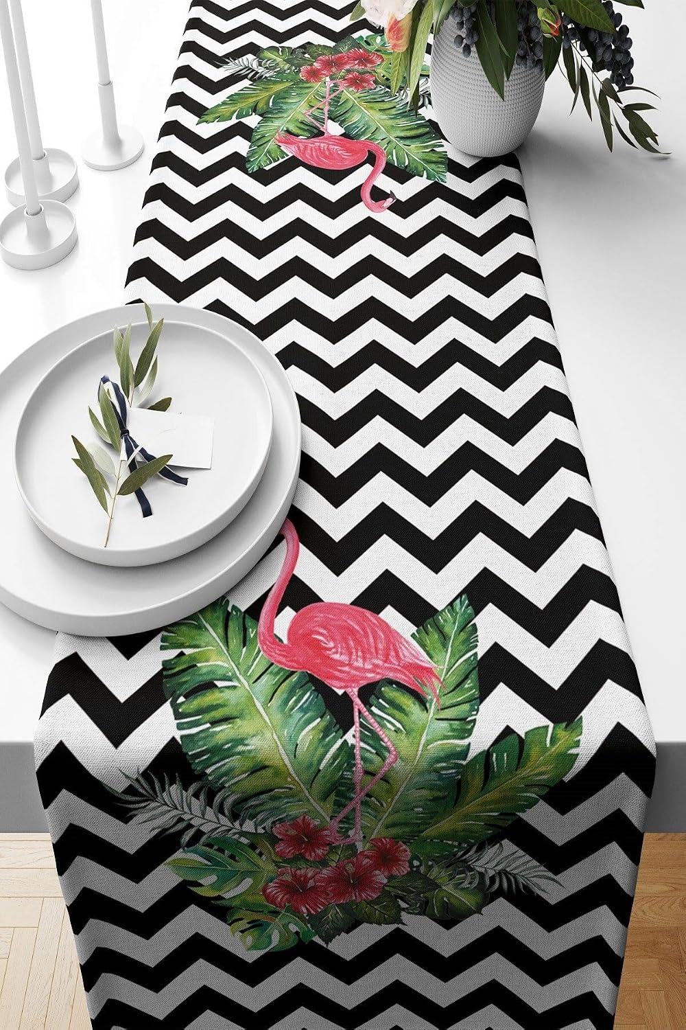 Pelangi Zigzag Geometrik Desenli Ve Flamingo Leke Tutmaz Kumaş Salon Mutfak Masa Değişik Modelleri Runner, Siyah-Beyaz-Yeşil 40 x 140