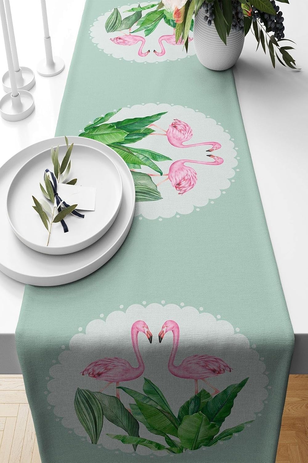 Pelangi Beyaz Filamingo Yaprak Desen Leke Tutmaz Kumaş Salon Mutfak Masa Değişik Ranır Modelleri Runner, Yeşil-Pembe 40 x 140