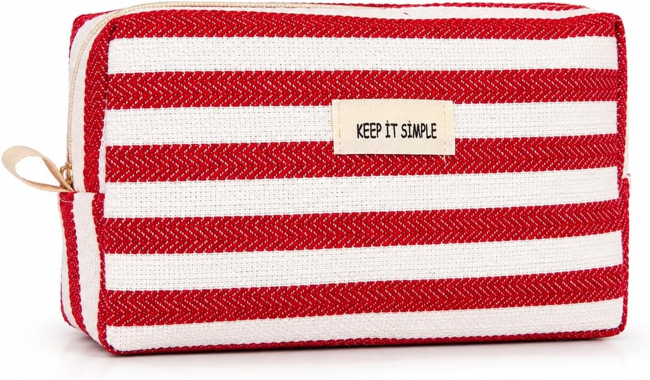 Keep It Simple Kırmızı Beyaz Çizgili Kanvas Makyaj Çantası - Şık Kozmetik Çantası, Seyahat Düzenleyici ve Çok Amaçlı Organizer Kese