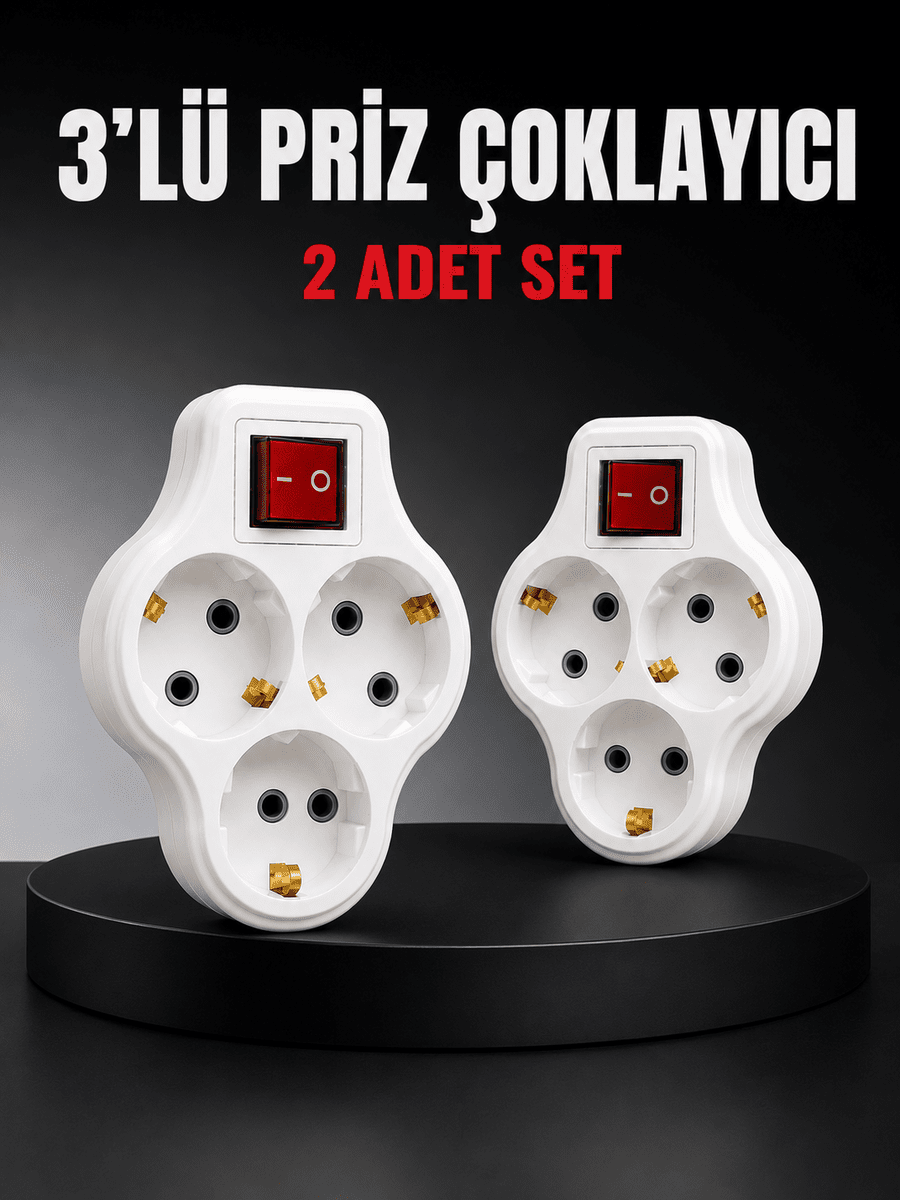 3’lü Priz Çoklayıcı 2 Adet Set Anahtarlı Kablosuz Duvar Tipi Priz Çoğaltıcı