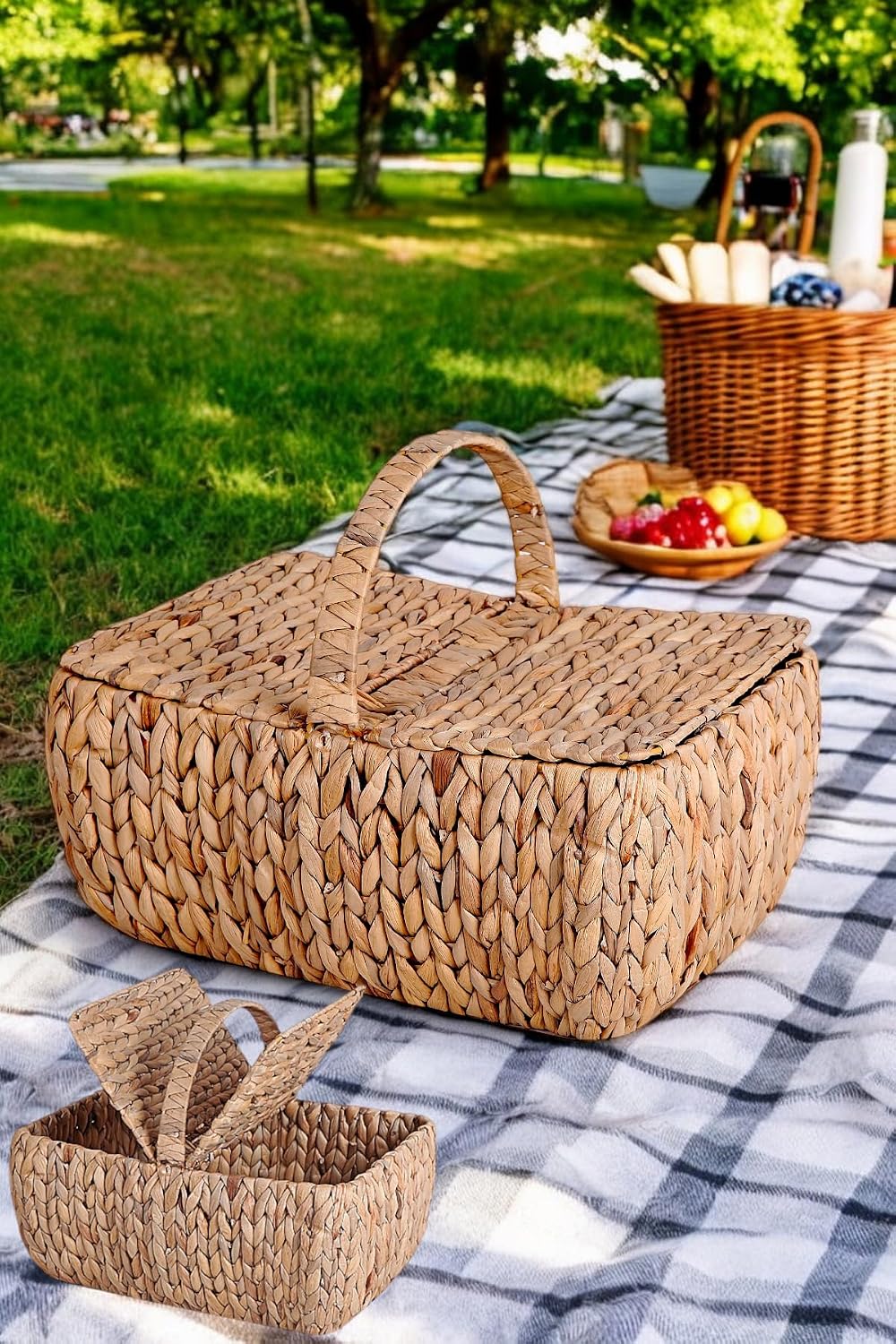 El Yapımı Su Sümbülü Kapaklı Büyük Boy Hasır Örme Piknik Sepeti Dikdörtgen - 46X30cm - 20-36cm