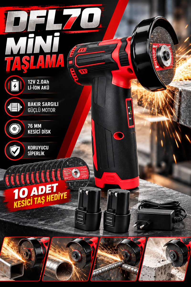DFL70 Şarjlı Mini Taşlama Makinesi 12V Li-Ion Çift Akü 76 mm Kesici Disk ve 10 Adet Taş
