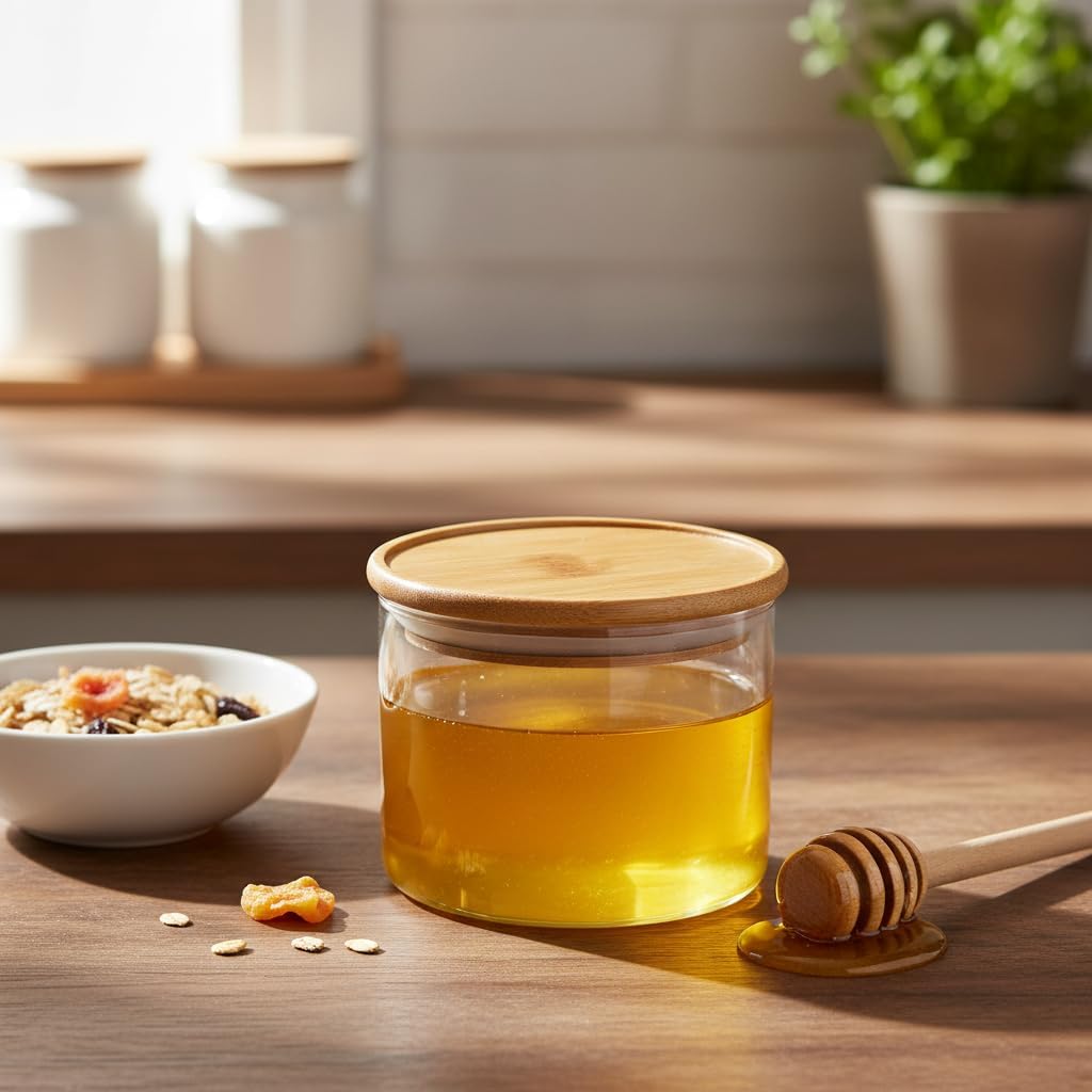 Bambu Kapaklı Borosilikat Cam Saklama Kabı - 200 ml Vakumlu Küçük Boy Baharatlık ve Erzak Kavanozu